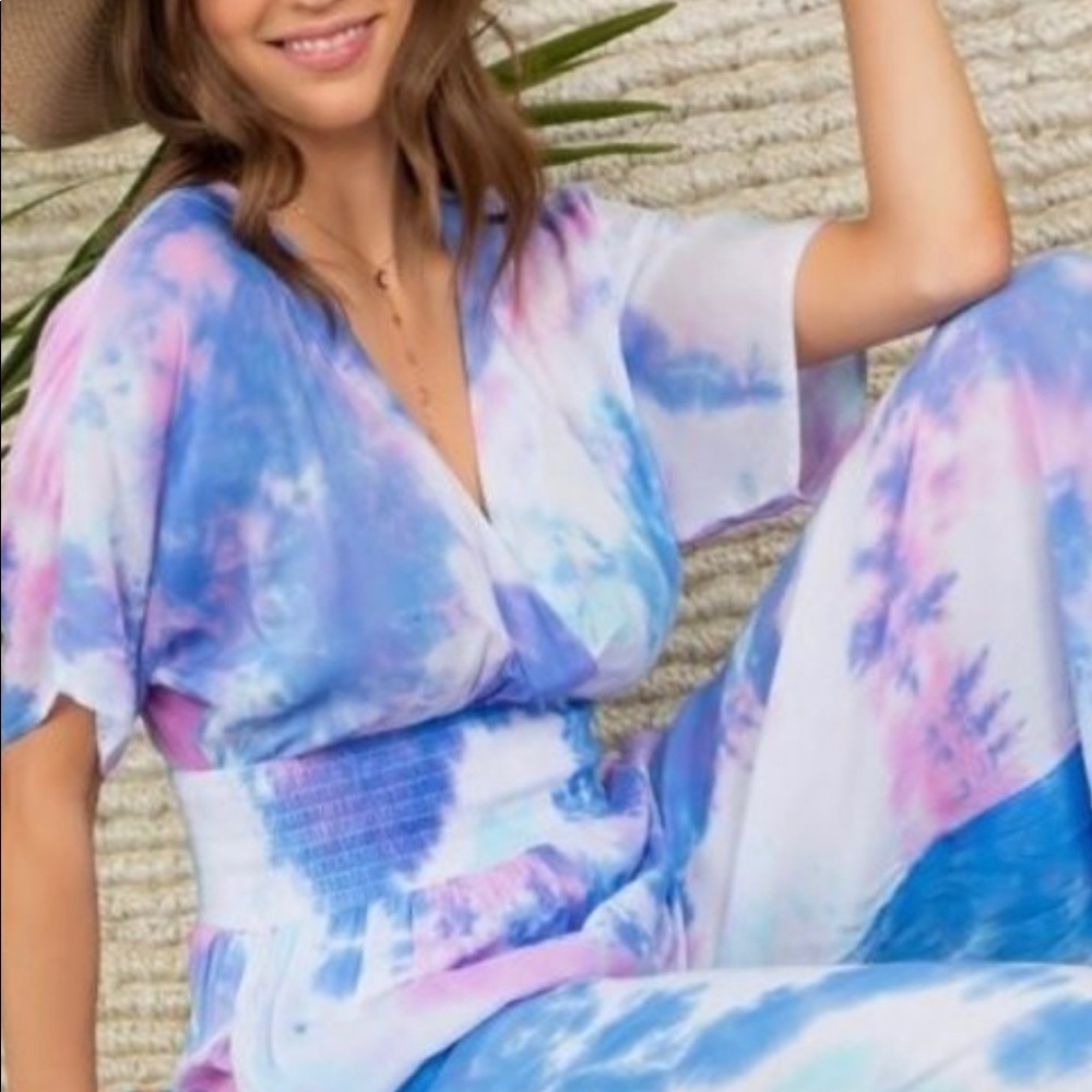 Short sleeve tie dye jumpsuit.